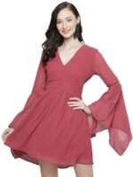 Women's Georgette Knee-Length Skater Dress（Pink）