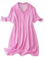 Striped Shirt Style Mini Dress for Women | Collared Casual A-Line | Tunic with Tie Sleeves & Front Buttons (PINK)