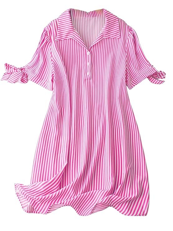 Striped Shirt Style Mini Dress for Women | Collared Casual A-Line | Tunic with Tie Sleeves & Front Buttons (PINK)