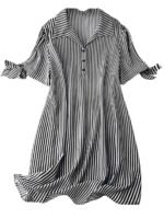 Striped Shirt Style Mini Dress for Women | Collared Casual A-Line | Tunic with Tie Sleeves & Front Buttons (BLACK)
