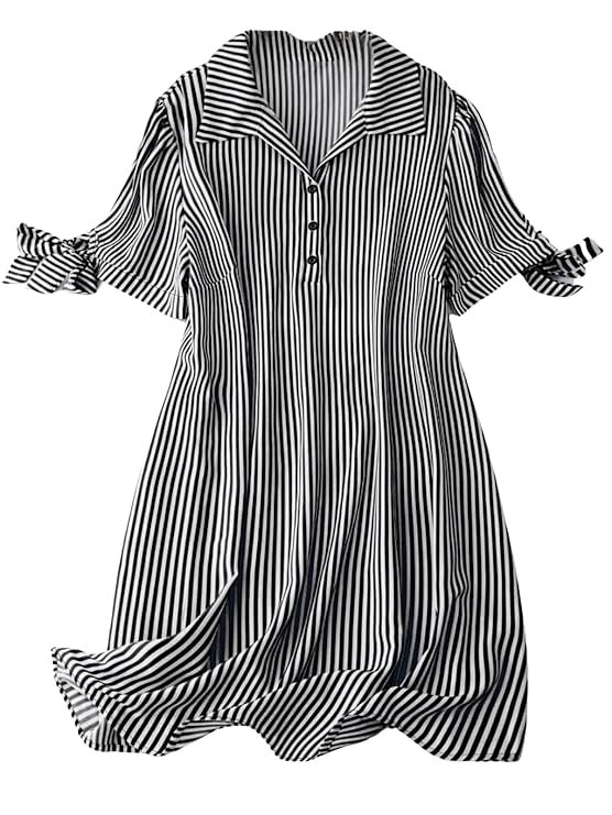 Striped Shirt Style Mini Dress for Women | Collared Casual A-Line | Tunic with Tie Sleeves & Front Buttons (BLACK)