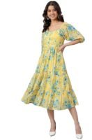 Women's Fit and Flare Midi Georgette Floral Printed Tiered Dress (Yellow)