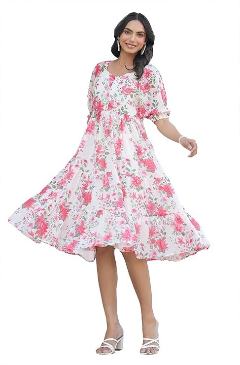 Women's Fit and Flare Midi Georgette Floral Printed Tiered Dress (Pink)