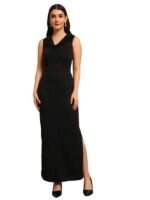 Sleeveless Party Dress for Women with Side Slits | Shiny Lycra Cowl Neck Bodycon Maxi Length Outfit(Black)
