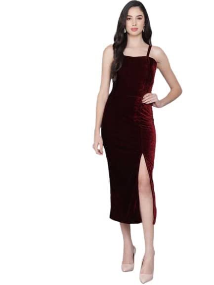 Women's Velvet Bodycon Maxi Party Dress( Maroon)