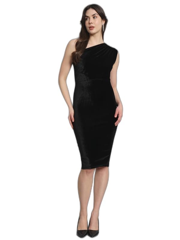 One Shoulder Party Dress for Women Bodycon | Shiny Velvet Back Slit Stylish Outfit(Black)