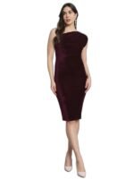 One Shoulder Party Dress for Women Bodycon | Shiny Velvet Back Slit Stylish Outfit(Wine)