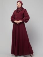 Umbrella Abaya With Detachable Upper And Hidden Zip On Front - Made with Nida Matte Fabric(Maroon)