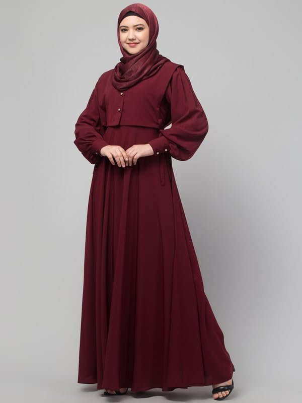 Umbrella Abaya With Detachable Upper And Hidden Zip On Front - Made with Nida Matte Fabric(Maroon)