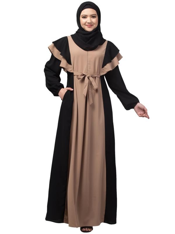 Women's Maxi Dress With Uniquely Designed Frills On Shoulders And Attached Belt - Made with Nida Matte Fabric for Women and Girls