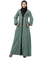 Front Open Abaya With Beautiful Piping Work And Front Pockets- Made with Nida Matte Fabric for Women and Girls(Aqua Black)