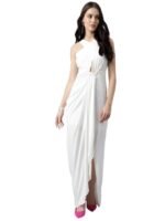 Women's Elegant White Maxi Dress – Sleeveless Bodycon Gown with Front Cut-Out & Draped Slit | Stylish & Trendy Dress