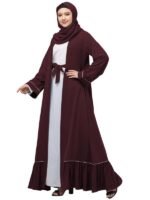 Dual Layer Abaya Dress Of Inner Abaya And Detachable Shrug With Piping And Frill Work(Burgundy)