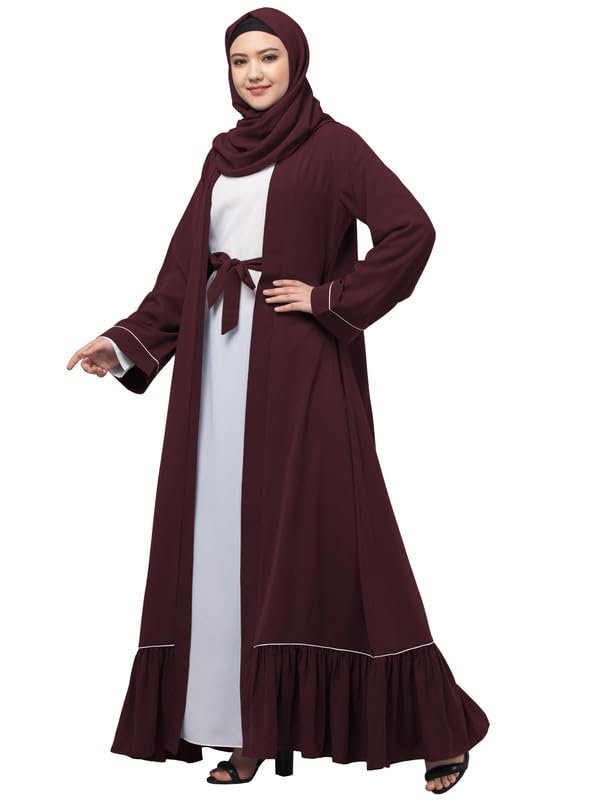 Dual Layer Abaya Dress Of Inner Abaya And Detachable Shrug With Piping And Frill Work(Burgundy)