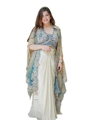 Women's And Girls For Style Premium Chinnon Silk Fabric With Cording & Sequin Work Wedding Bollywood Party Girls(Blue)