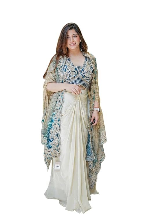 Women's And Girls For Style Premium Chinnon Silk Fabric With Cording & Sequin Work Wedding Bollywood Party Girls(Blue)