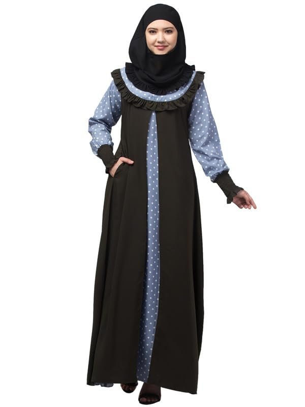 Women's Dual Fabric Maxi Dress With Frill On Front and Elastic Sleeves - Made with Printed Crepe And Nida Matte Fabric for Women and Girls