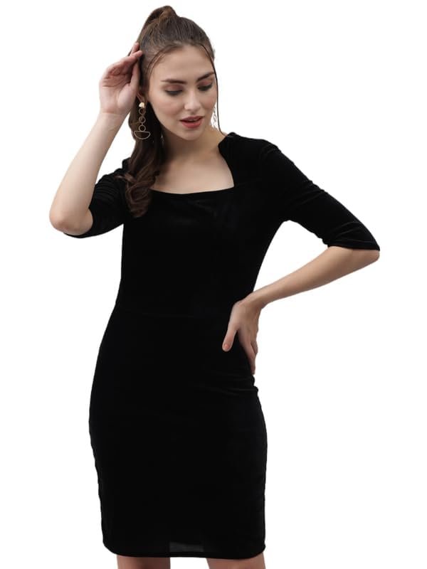 One Piece Party Dress for Women Bodycon | Half Sleeves Shiny Velvet Stylish Outfit(Black)