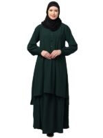 Two Pieces Abaya Dress with Elasticated Sleeves made with Nida Matte Fabric - Knee length Burqa (Bottle Green)