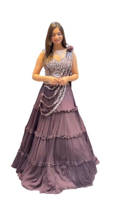 Women Chiffon Silk Lehenga Choli Readymade Dark Wine Free Size