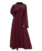 Plain Dubai Long Sleeves Muslim Women Islamic Dress Plain Umbrella Abaya With Belt Style(Maroon)