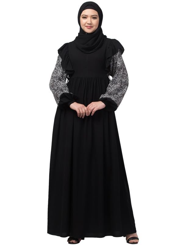Women's Dual Fabric Maxi Dress With Frill On Shoulders and Elastic Sleeves - Made with Printed Crepe And Nida Matte Fabric