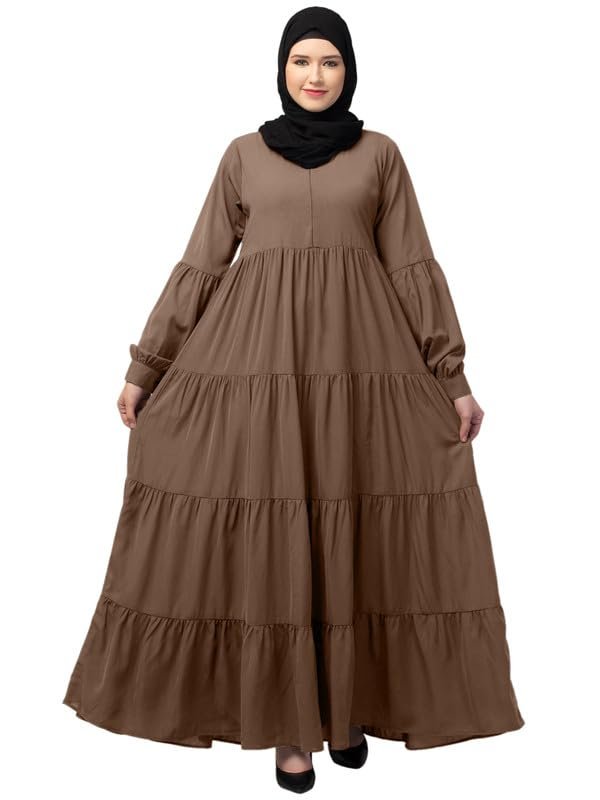 Umbrella Abaya with Elasticated Cuffs Made in Nida Matte Fabric - Simple Umbrella style Burqa(Brown)