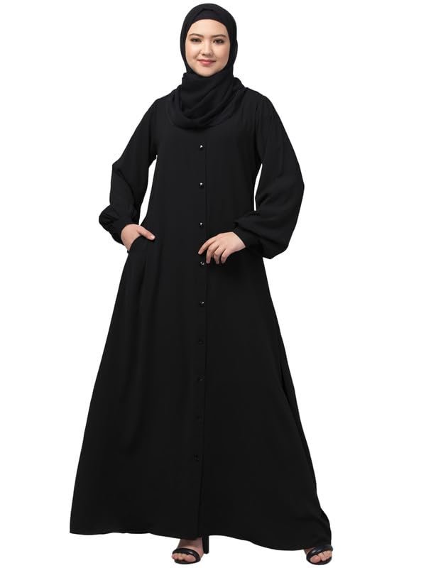 Front Open Abaya With Fashionable Buttons And Cuff Sleeves - Made with Nida Matte Fabric for Women and Girls(Black)