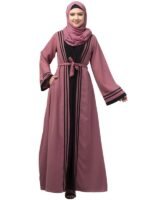Dual Layer Abaya Dress With Attached Shrug And Striped Design - Made With Nida Matte Fabric
