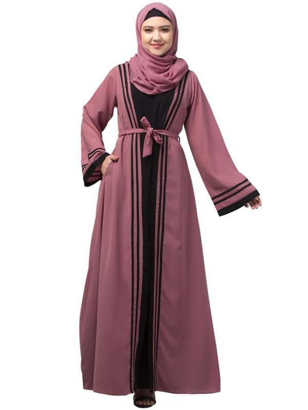 Dual Layer Abaya Dress With Attached Shrug And Striped Design - Made With Nida Matte Fabric
