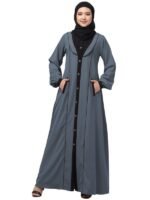Front Open Abaya With Beautiful Piping Work And Front Pockets- Made with Nida Matte Fabric for Women and Girls(Grey Black)