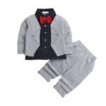 Boys Full Sleeves Navy 3-Pc Bow Applique Polka Dot Formal Set