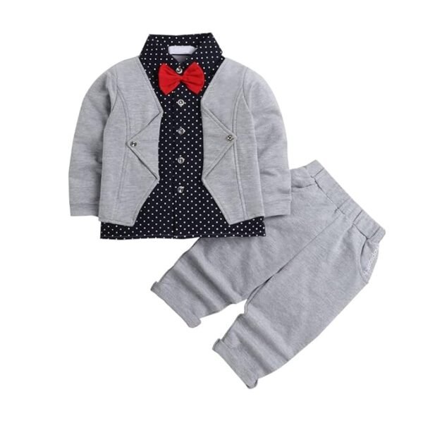 Boys Full Sleeves Navy 3-Pc Bow Applique Polka Dot Formal Set