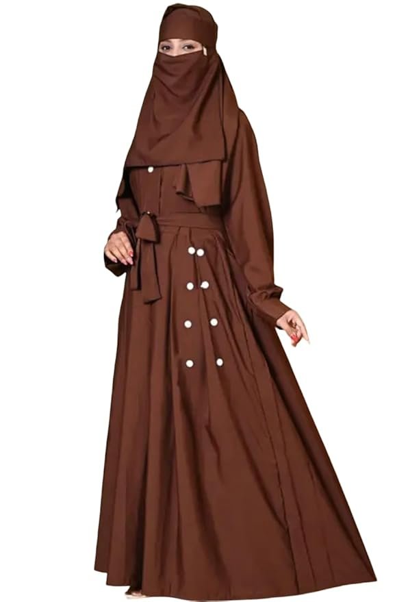 Women's Elegant Abaya Set with Button Details, Full Length Islamic Dress, Long Sleeve Maxi Dress with Niqab, Traditional Muslim Prayer Wear(Brown)