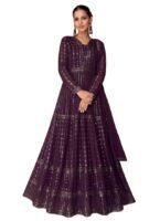 Women's Faux Georgette Stitched Top With Unstitched Bottom and Dupatta Full Sleeve Embroidered Anarkali Gown(Purple)
