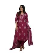 Women's Pure Cotton Printed with Handwork Kurta with Pants and Dupatta Set | Ethnic Set | Suit Set |Wedding Suit Set(Wine)