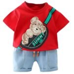 Boy's Cotton Printed T-shirt with Denim Shorts Set in Red Color