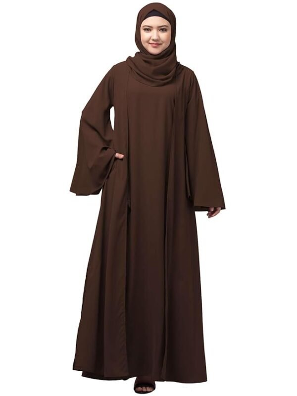 Dual Layer Abaya Dress Of Inner Abaya And Detachable Shrug With Uniquely Designed Cuff(Brown)