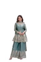 Women's Satin Silk Plazoo Set with Dupatta | Embroidered Short Kurti with Half Sleeves | Party, Ethnic Dress for Wedding