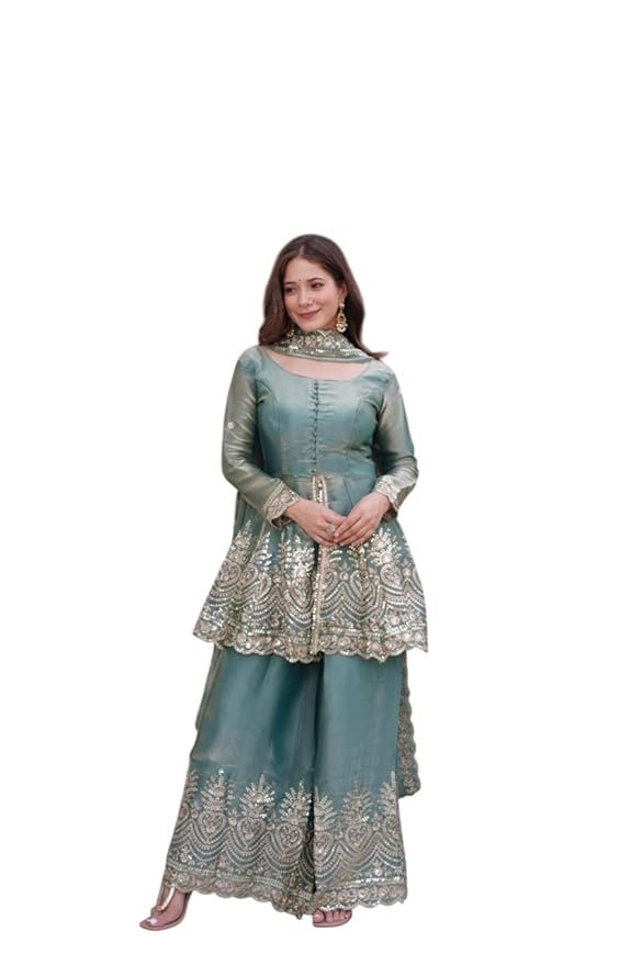 Women's Satin Silk Plazoo Set with Dupatta | Embroidered Short Kurti with Half Sleeves | Party, Ethnic Dress for Wedding