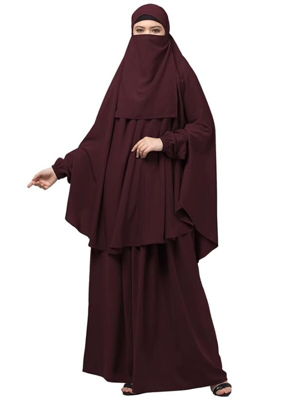 Three Piece Set Of Hijab, Skirt And Full Face Khimar - Made with Nida Matte for Women and Girls(Burgundy)