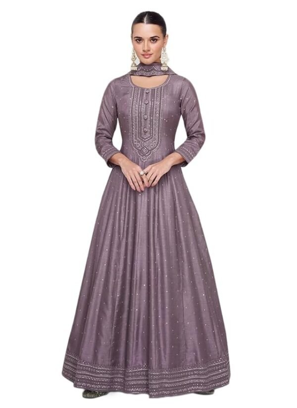 Women's Purple Chiffon Stitched Top with Chiffon Dupatta Full Sleeve Embroidered Anarkali Gown