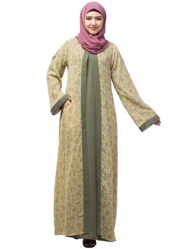 Dual Layer Abaya Dress Of Inner Abaya And Detachable Shrug - Made with Nida Matte Fabric for Women and Girls(Yellow)