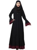 Women's Maxi Dress With Bell Sleeves and Elasticated Sleeves - Made with Nida Matte Fabric(Black Maroon)