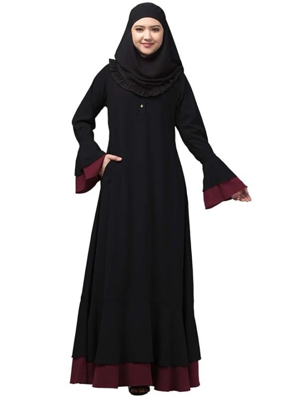 Women's Maxi Dress With Bell Sleeves and Elasticated Sleeves - Made with Nida Matte Fabric(Black Maroon)