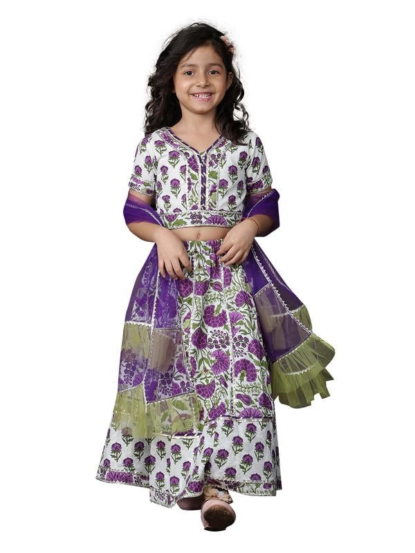 Girls Cotton Floral Printed Gotta Work 3/4 Sleeves Flared Design Kurti & Sharara Set(Purple)