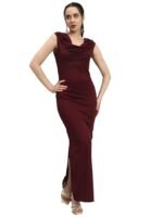 Sleeveless Party Dress for Women with Side Slits | Shiny Lycra Cowl Neck Bodycon Maxi Length Outfit(Wine)