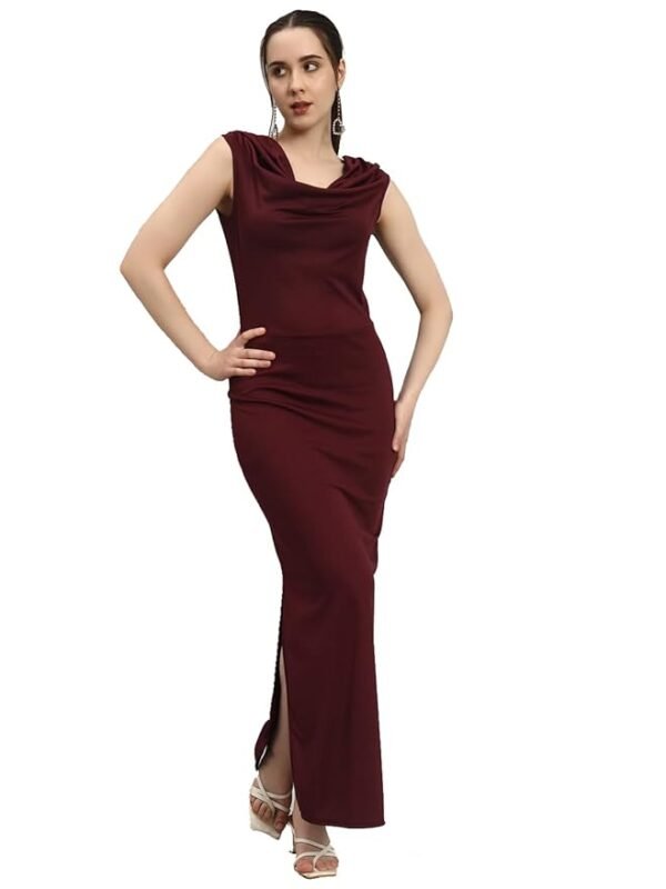Sleeveless Party Dress for Women with Side Slits | Shiny Lycra Cowl Neck Bodycon Maxi Length Outfit(Wine)