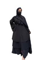 Black Triple Layer Chiffon Front Open Abaya Muslim Dresses For Women Abaya With Hijab