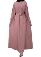 Plain Dubai Long Sleeves Muslim Women Islamic Dress Plain Umbrella Abaya With Belt Style(Pink)